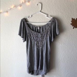 Gray top with gold- beaded detail and tie back